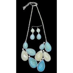 New York & Company Blue and Cream Teardrop Necklace And Earring Set